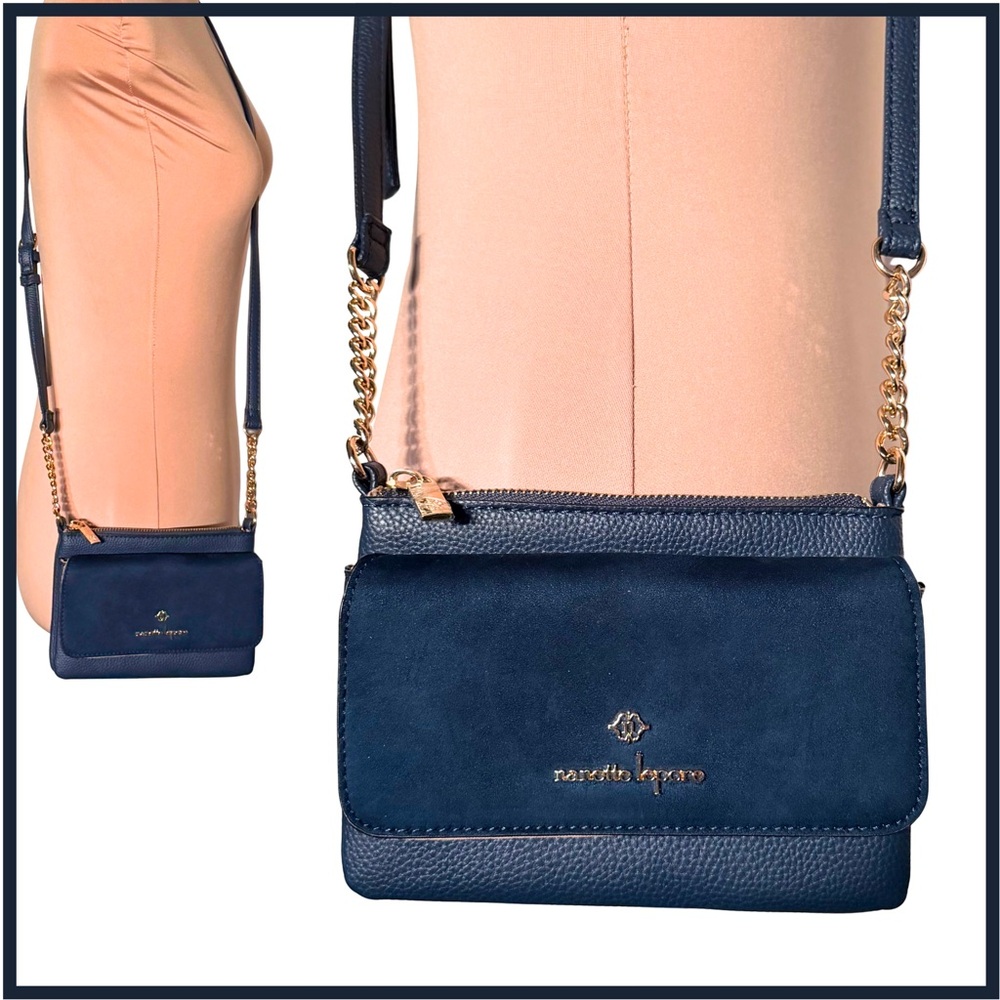 Nanette Lepore - Navy Blue Faux Leather crossbody bag - Gold Accents - EUC